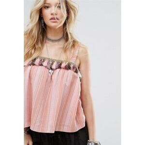 Honey Punch Tank Top Womens Small Pink Stripe Tasseled Boho Hippie Shift Cotton